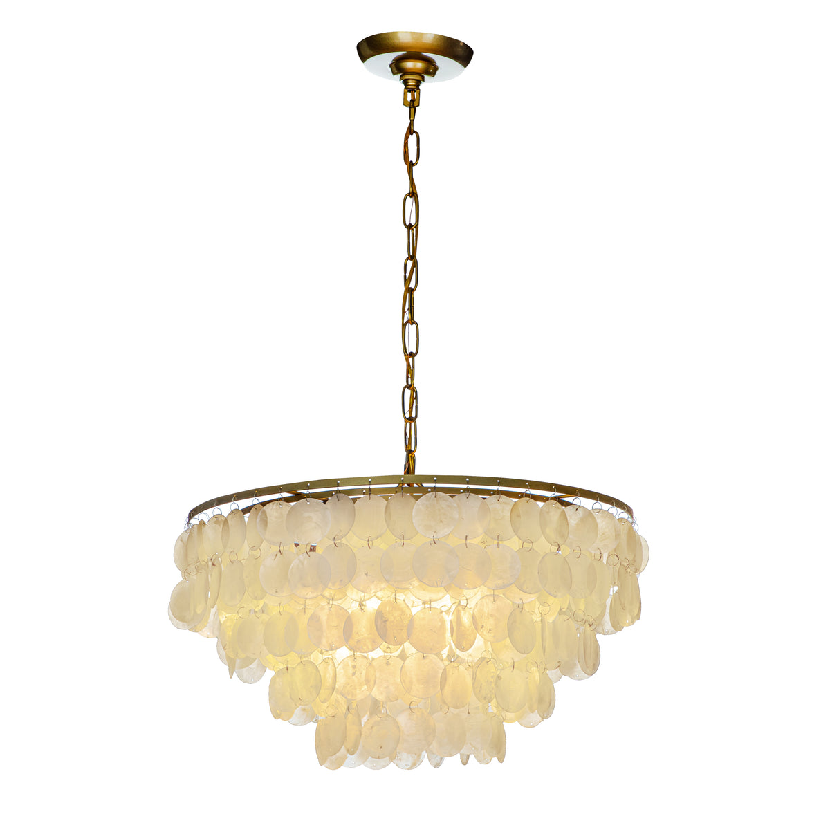 4-Light Round Coastal Capiz Shells Tiered Chandelier with Antique Gold Metal and Natural Seashell