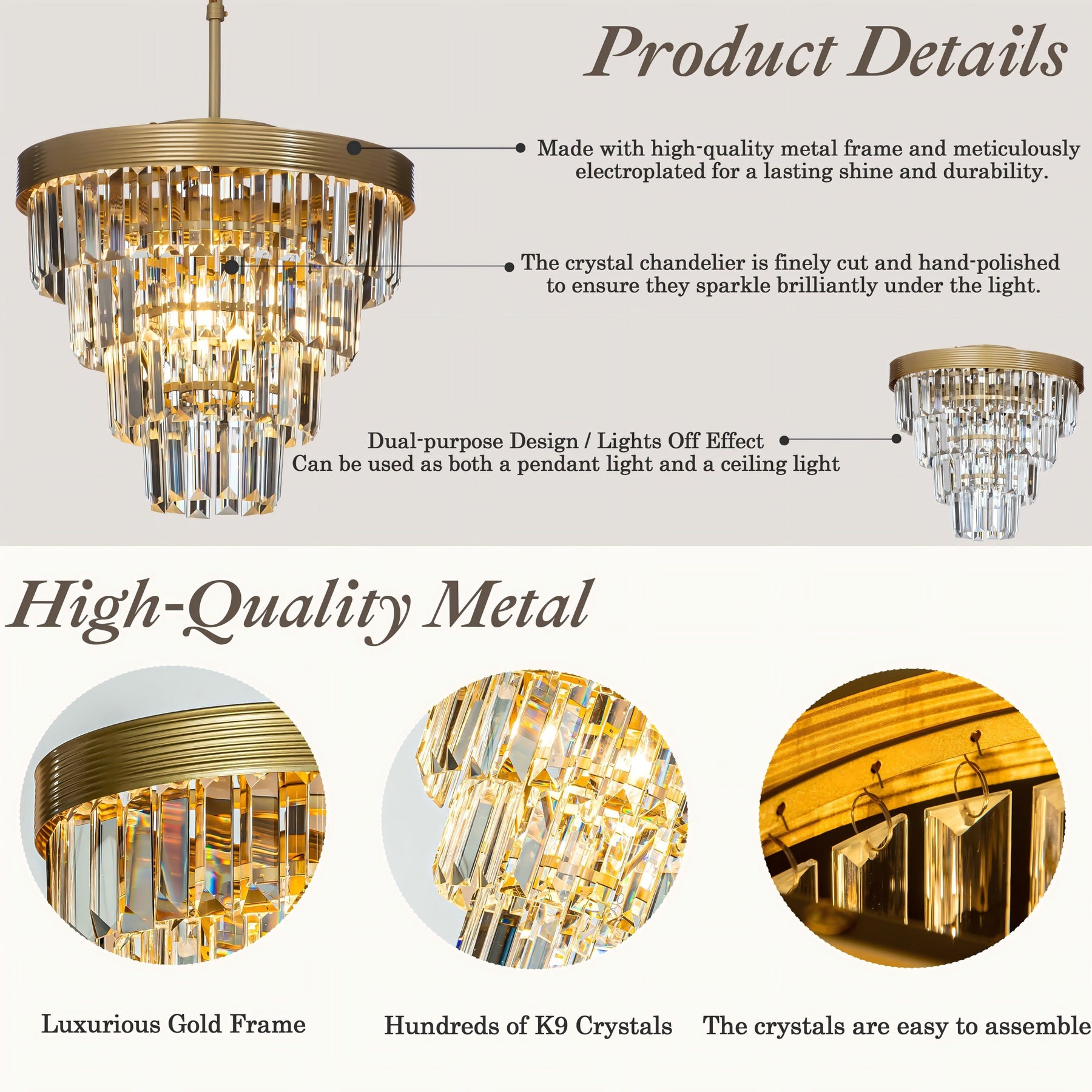 Modern Tiered Crystal Chandelier in Antique Gold