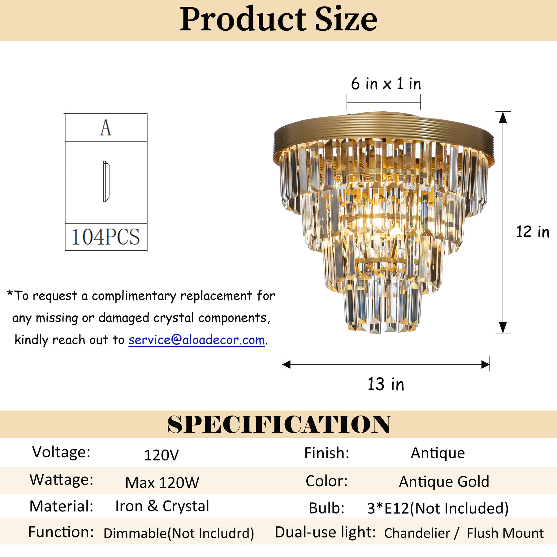 Crystal Tiered Flush Mount Ceiling Light- Brass