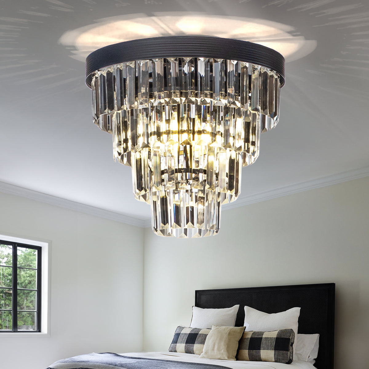 Modern Matte Black Tier Crystal Flush Mount