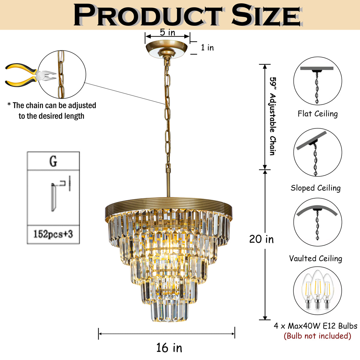 4-Light 16" Cone Shape 5-Tier Crystal Chandelier