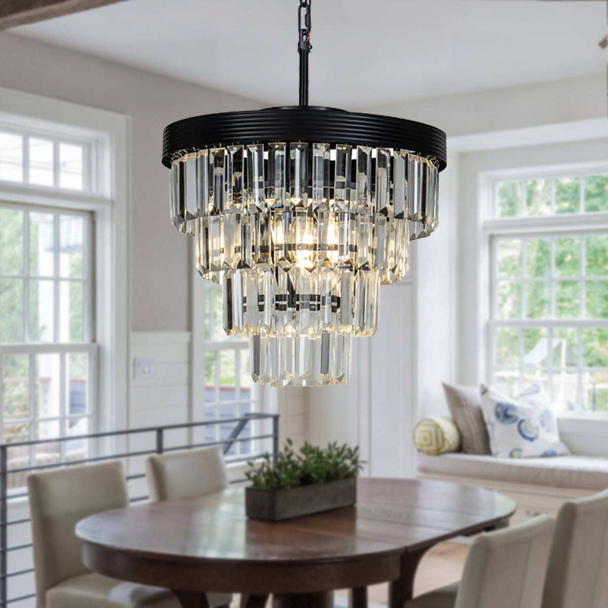 Modern Matte Black Tier Crystal Chandelier