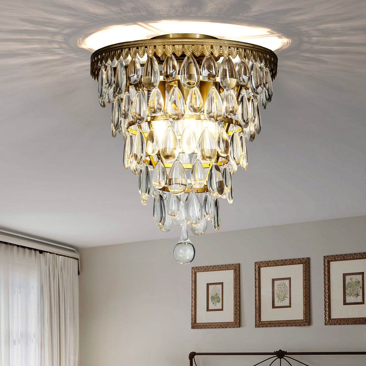 Modern Tiered Crystal Chandelier in Antique Gold