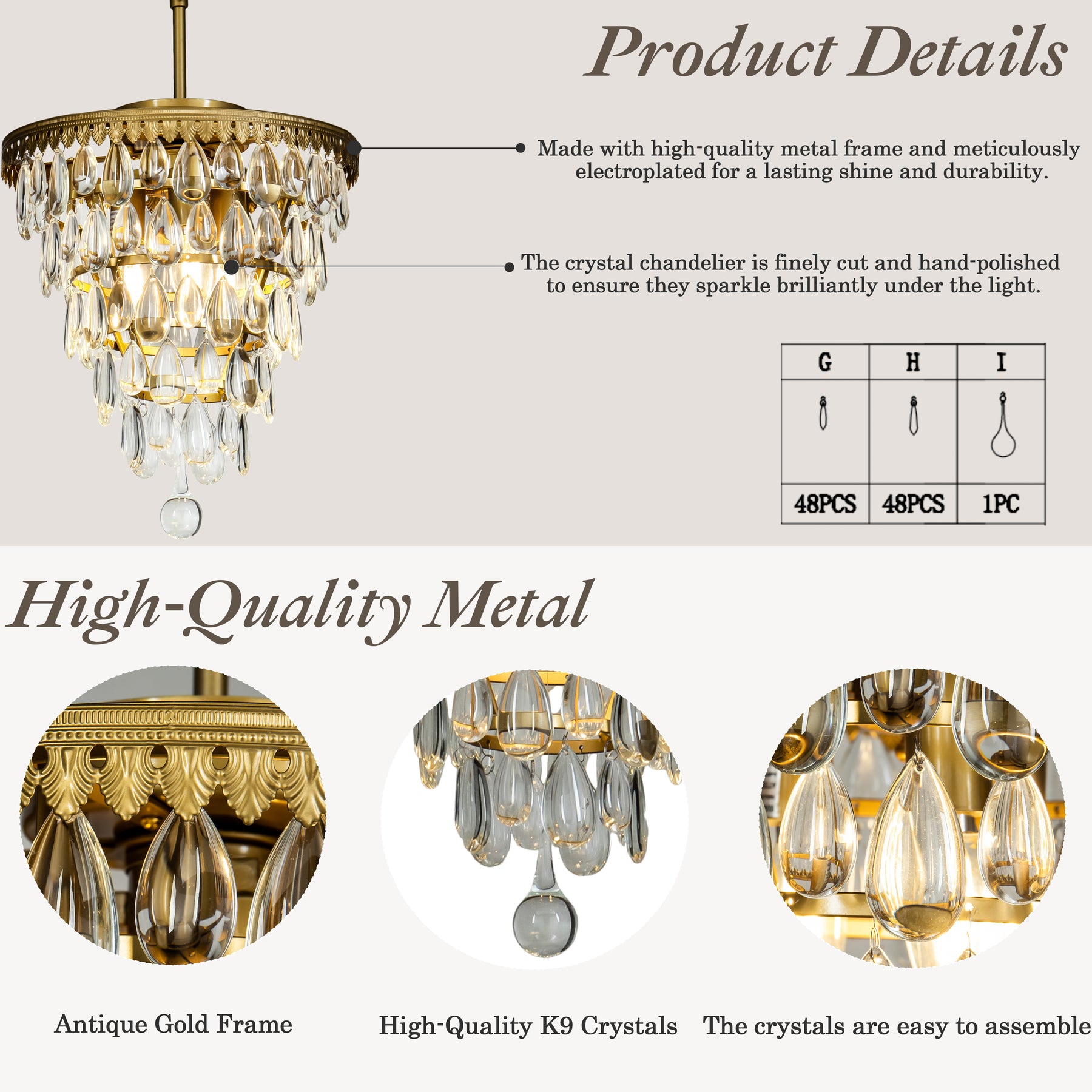 Unique Tiered Crystal Chandelier -Antique Gold