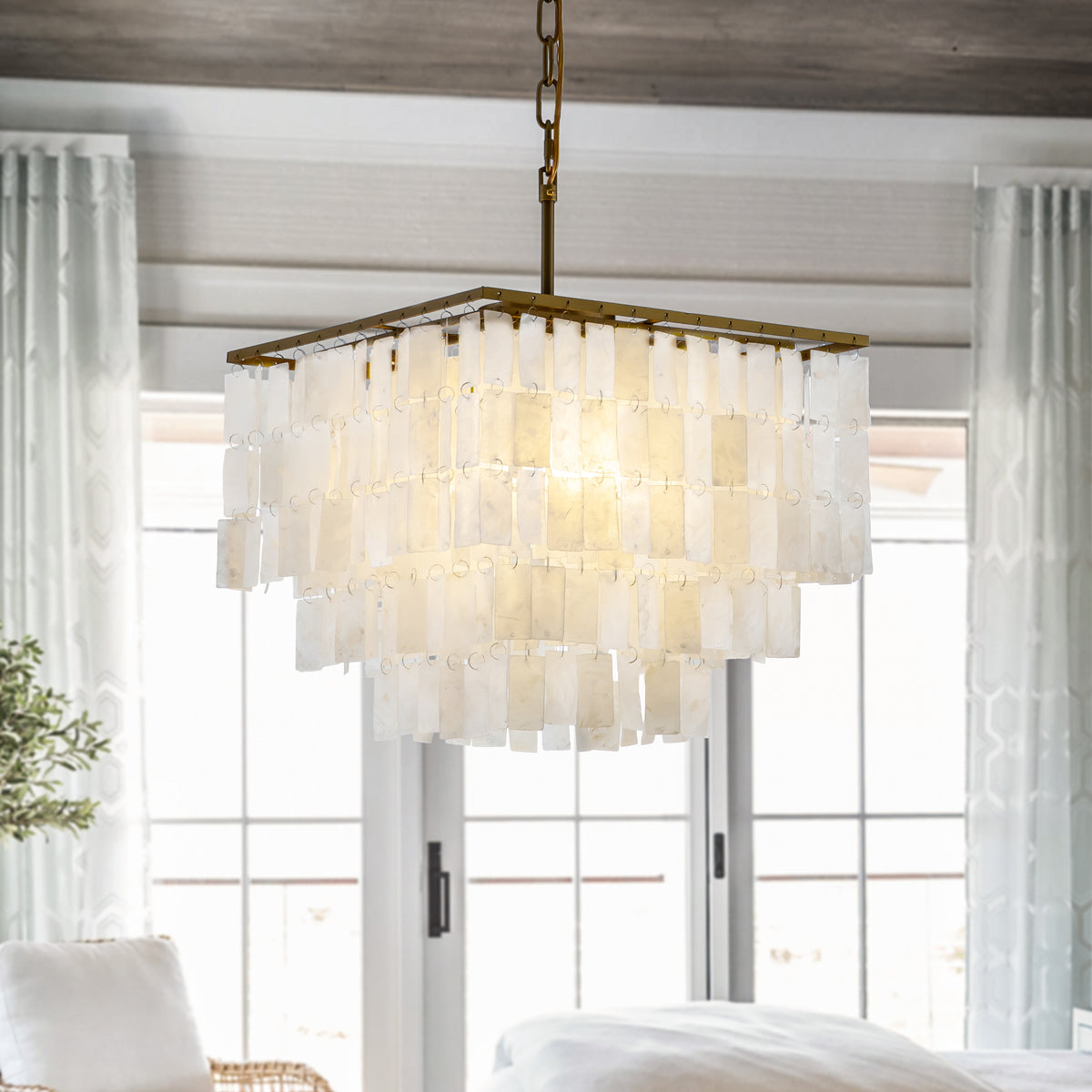 Coastal Capiz Shell Chandelier with Antique Gold Frame