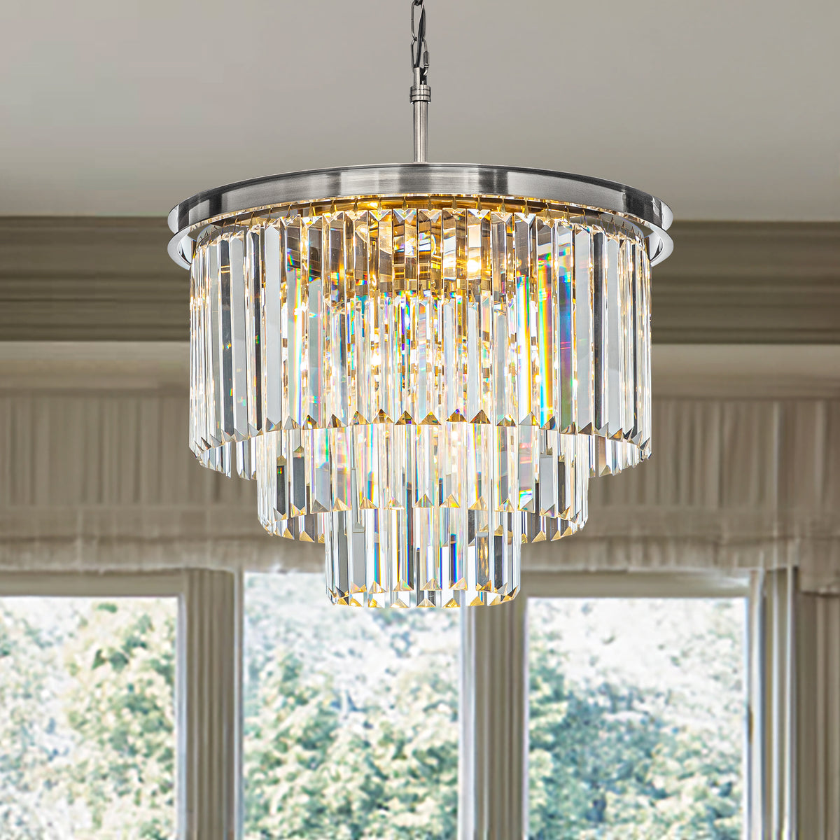 6-Lights Mid-Century Modern Satin Nickel Fringe Crystal Chandelier