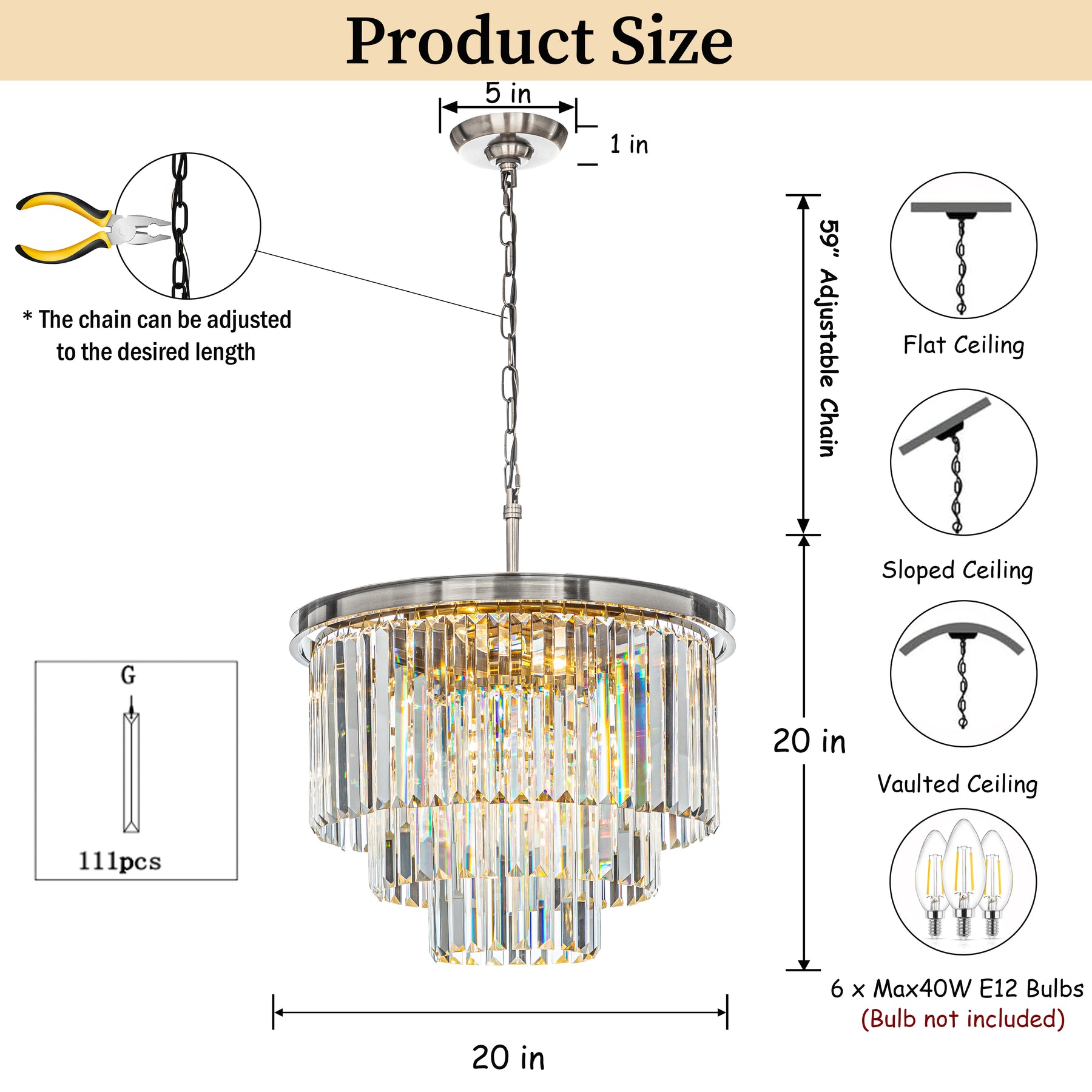 6-Lights Mid-Century Modern Satin Nickel Fringe Crystal Chandelier