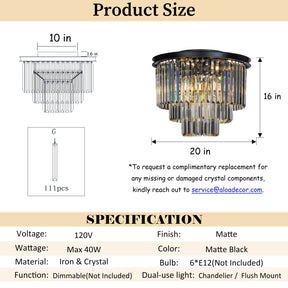 OPEN BOX-Mid-Century Modern Matte Black 3-Tier Crystal Flush Mount Lighting