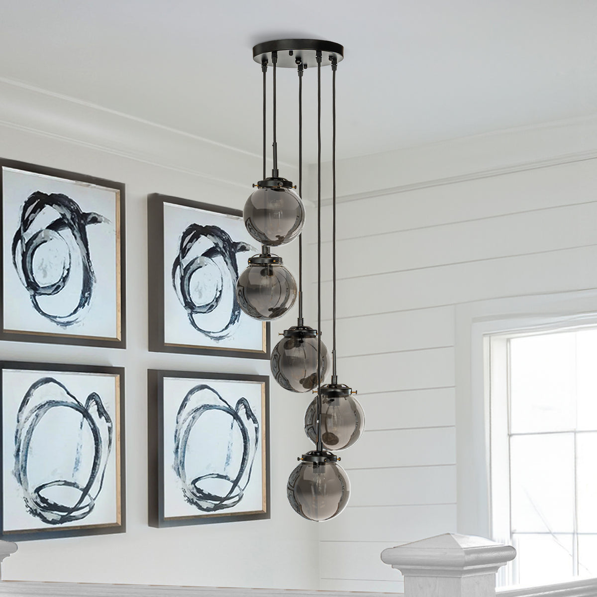 Modern Matte Black Staircase Chandelier with Smoke Globe Bubble Glass