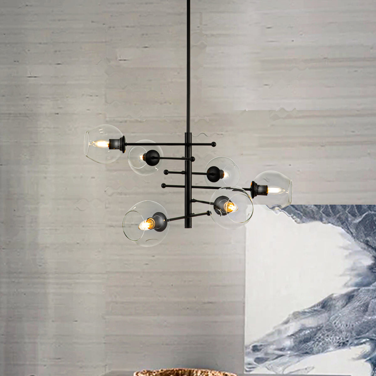 Modern Matte Black Sputnik Chandelier with Clear Glass Shade