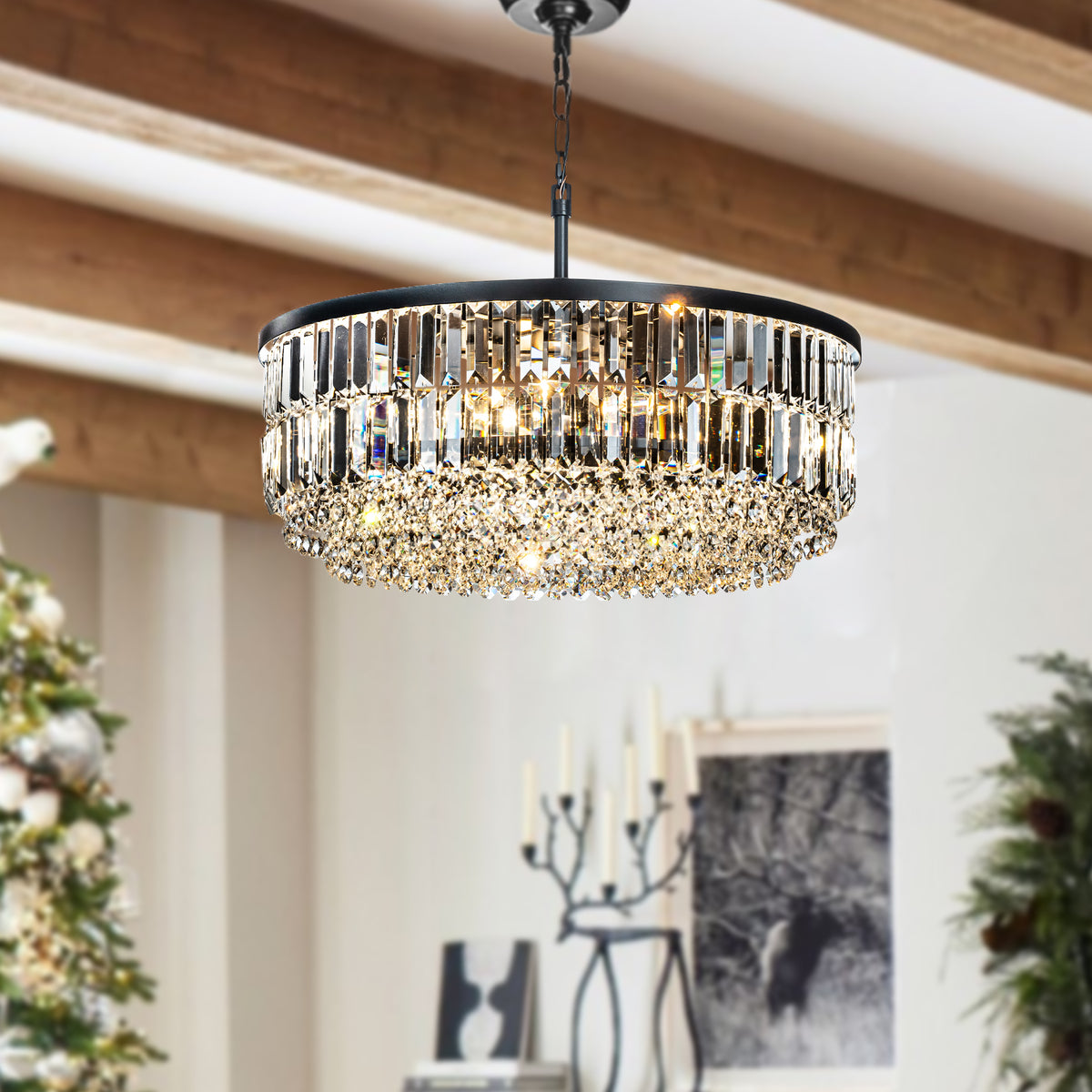 Modern Glam Matte Black Round Chandelier with Clear Crystal