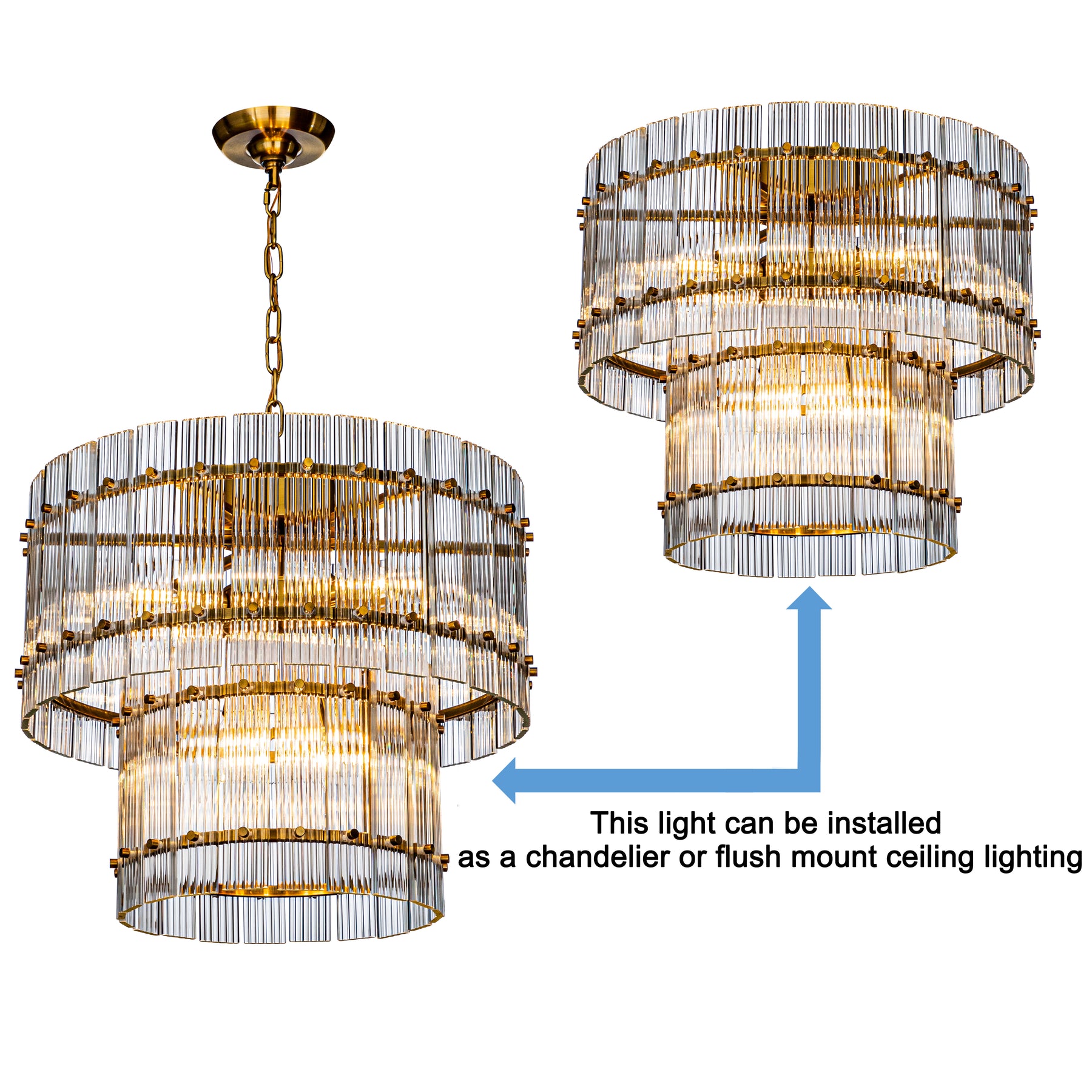 Modern Antique Gold Two-Tiered Glass Chandelier