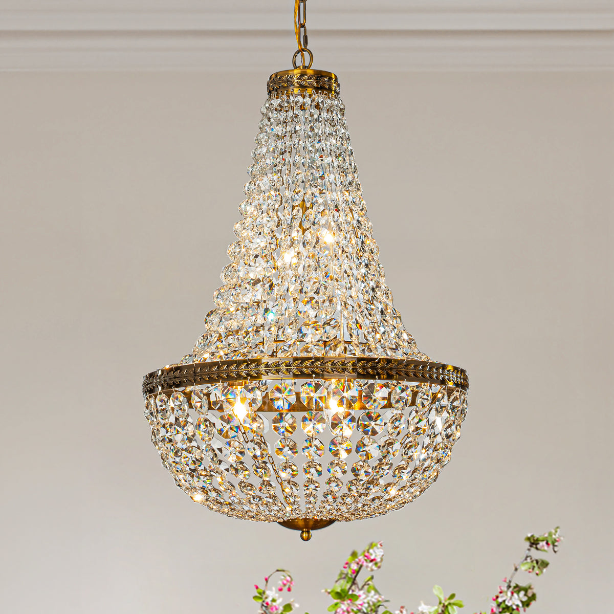 4-Light W 18 in. Vintage And Glam Crystal Basket Chandelier in Antique Gold