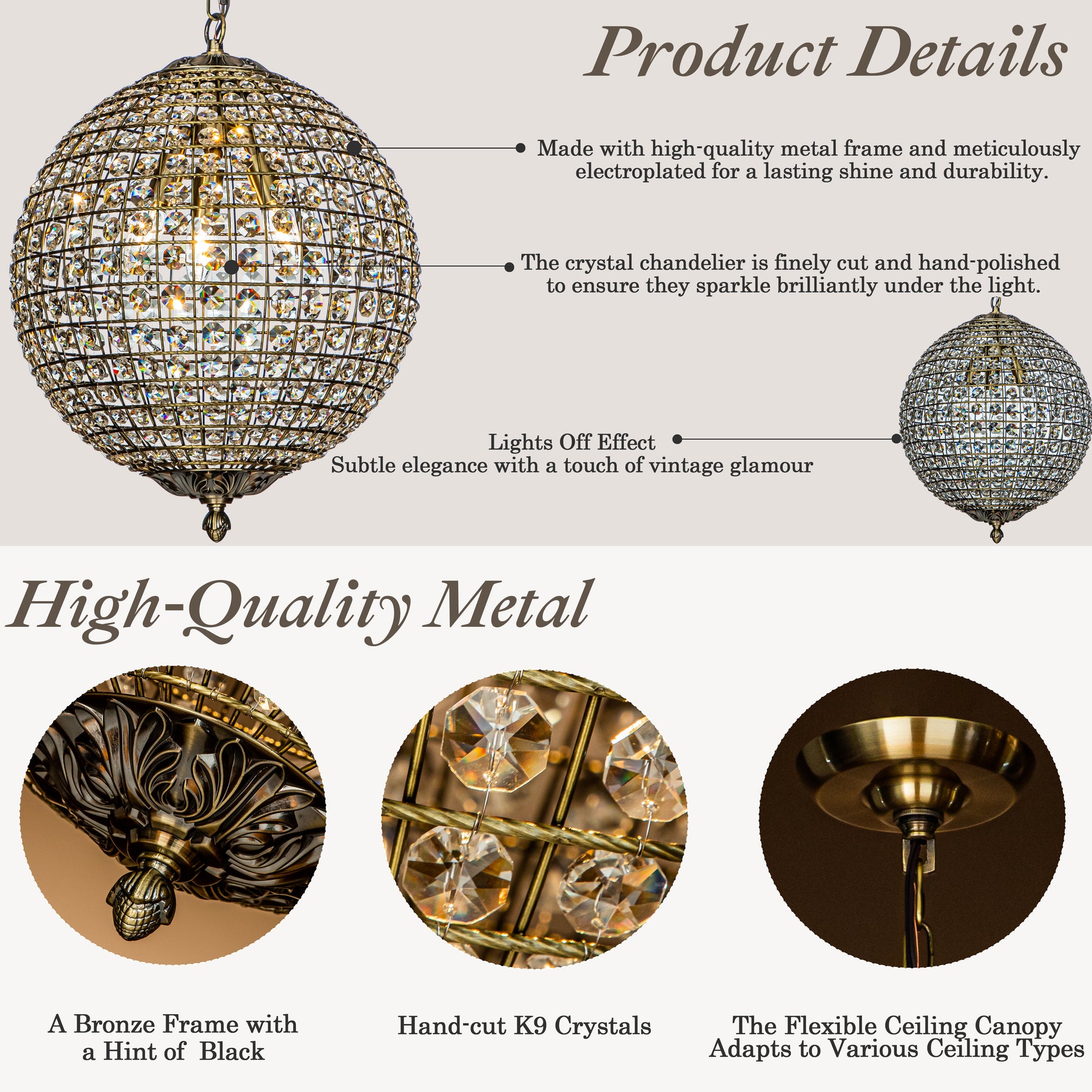 Retro Antique Gold Crystal Globe Chandelier