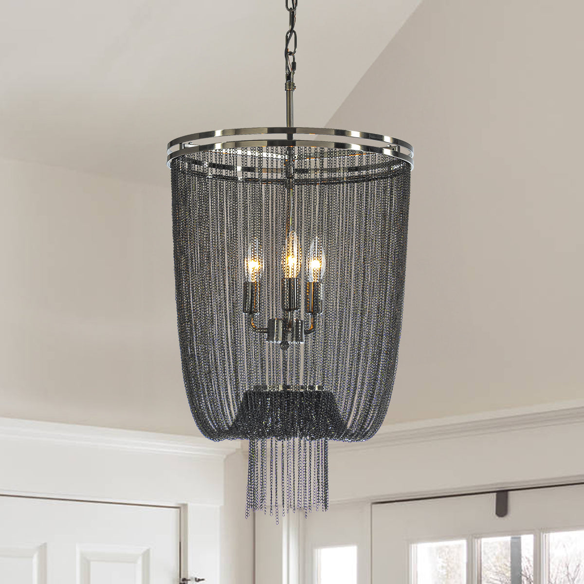 3-Light W16in Industry Modern Metal Chainmail Tassel Chandelier in Brush Black Nickel Finish