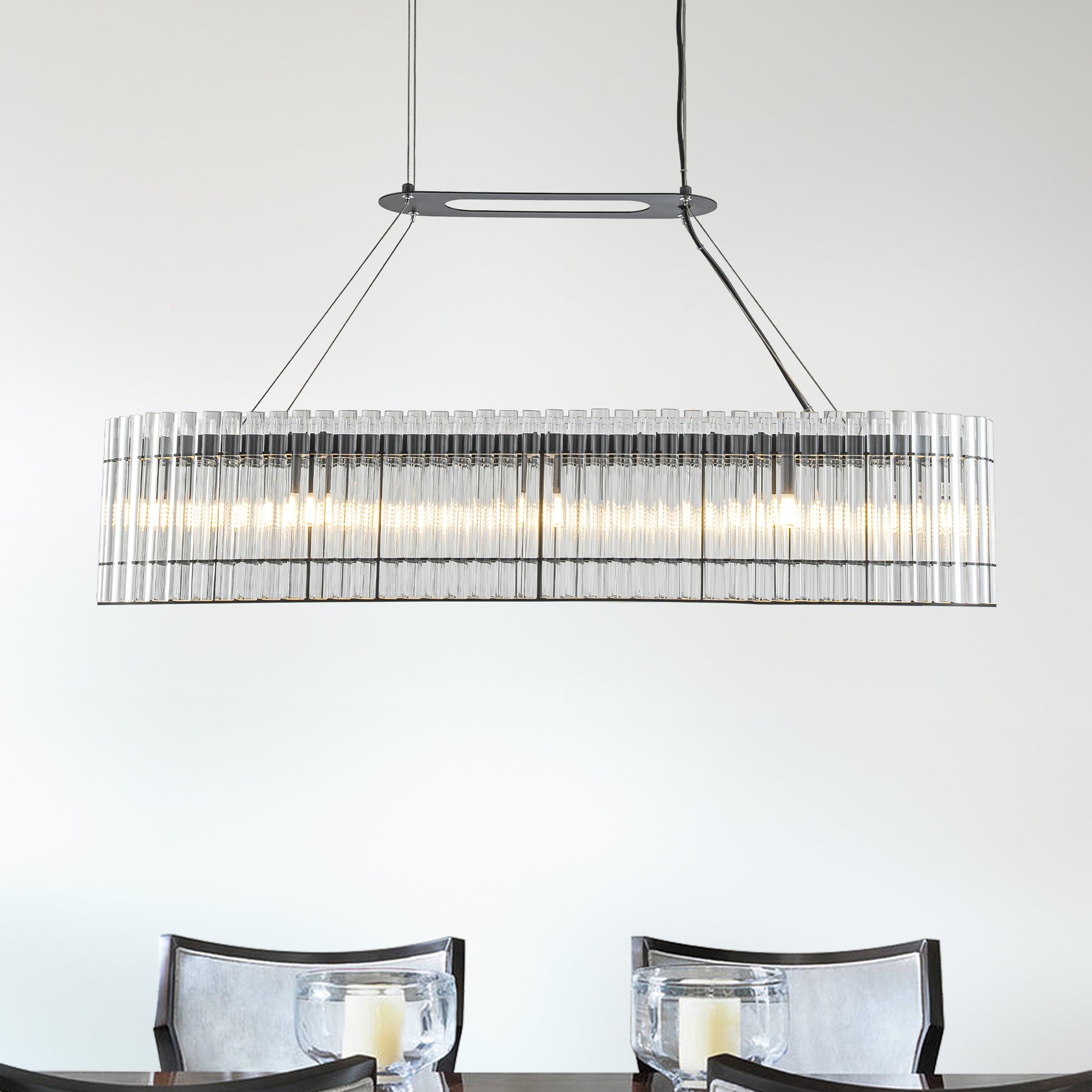 8-Light 39'' Modern Elegant Rectangle 2-Tier Glass And Matte Black Chandelier For Dining Room