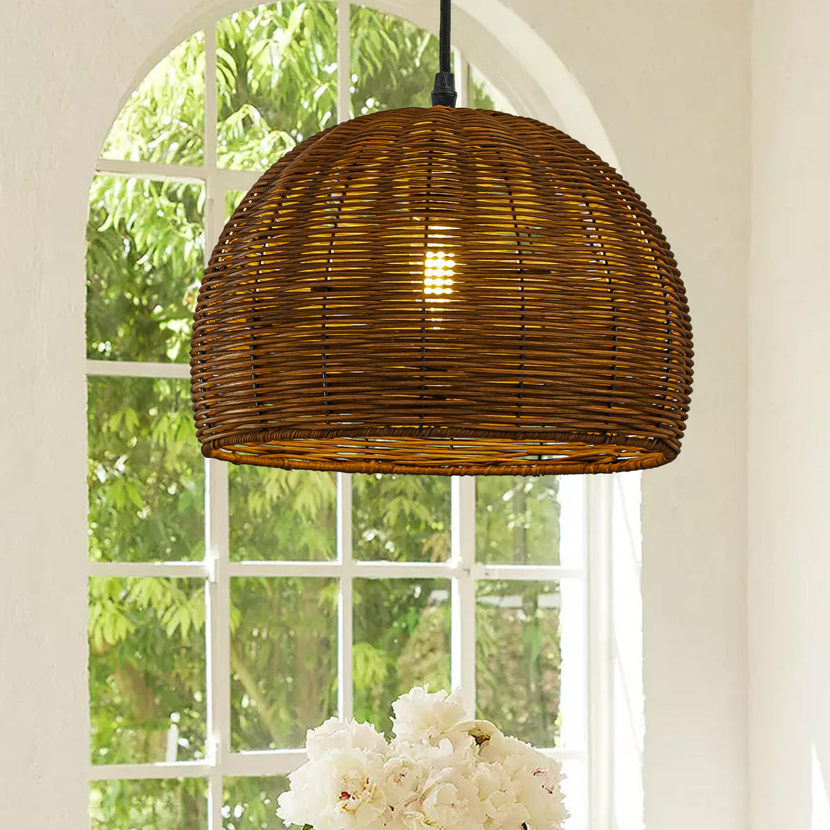 1-Light 12" Farmhouse Brown and Black Natural Rattan Dome Pendant Light with Handmade Bamboo Shade for Kitchen Island