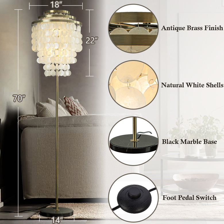 4-Light 70'' Modern Coastal Aged Brass Natural Capiz Shell Tiered Floor Lamp With Black Marble Base Glam For Girls Room Living Room Dining Room