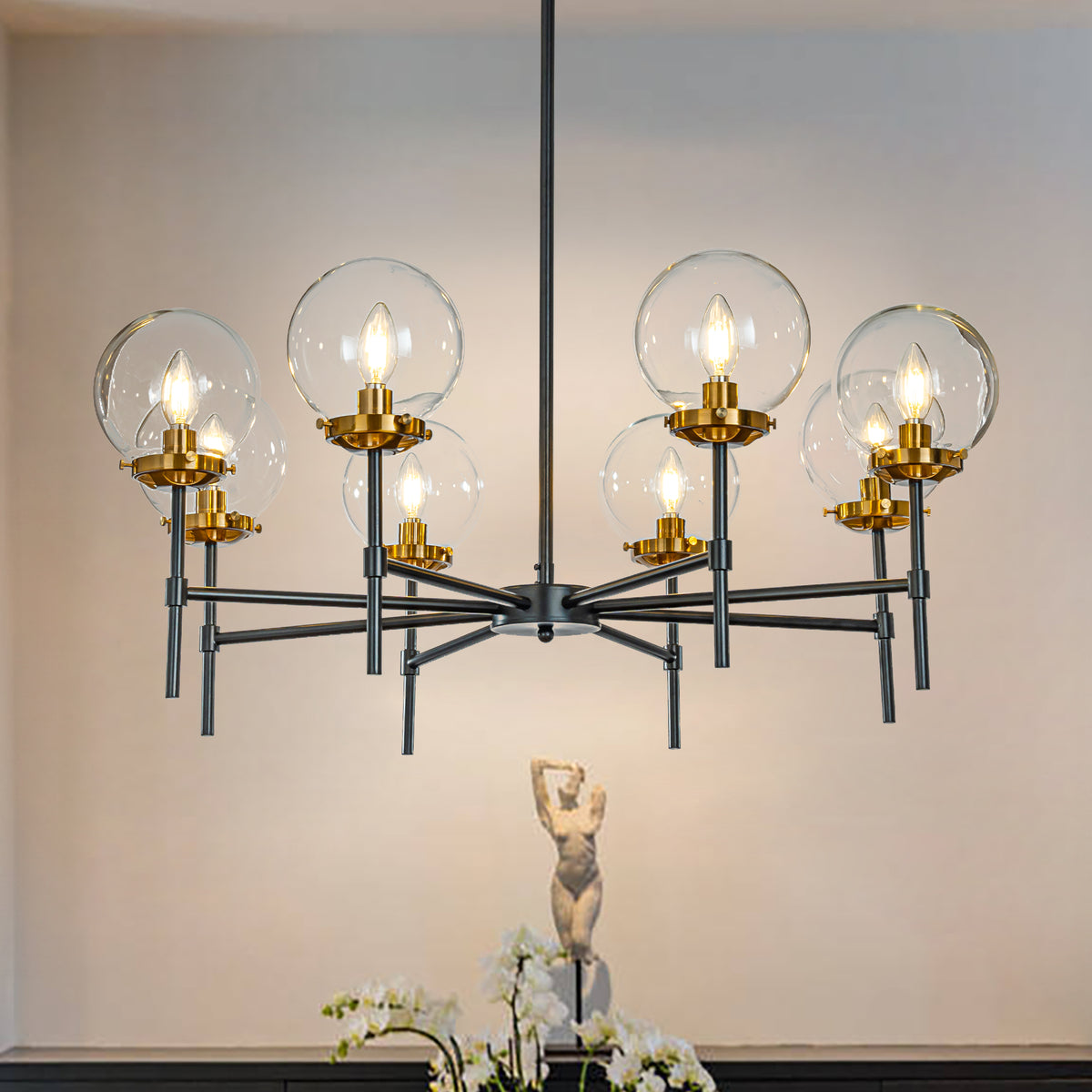 8-Lights 34'' Black Modern Glass Globe Sphere Chandelier Round Industrial Light Fixtures for Dining Room