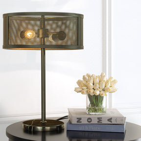 2-Light 14 inch Rustic Industrial Matte Black Table Lamp With Metal Mesh Open Cage Lampshade And Marble Base