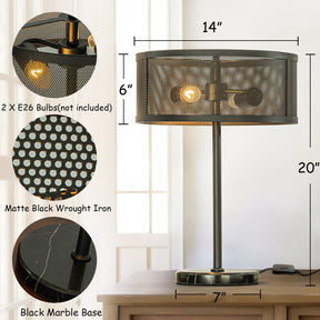 2-Light 14 inch Rustic Industrial Matte Black Table Lamp With Metal Mesh Open Cage Lampshade And Marble Base