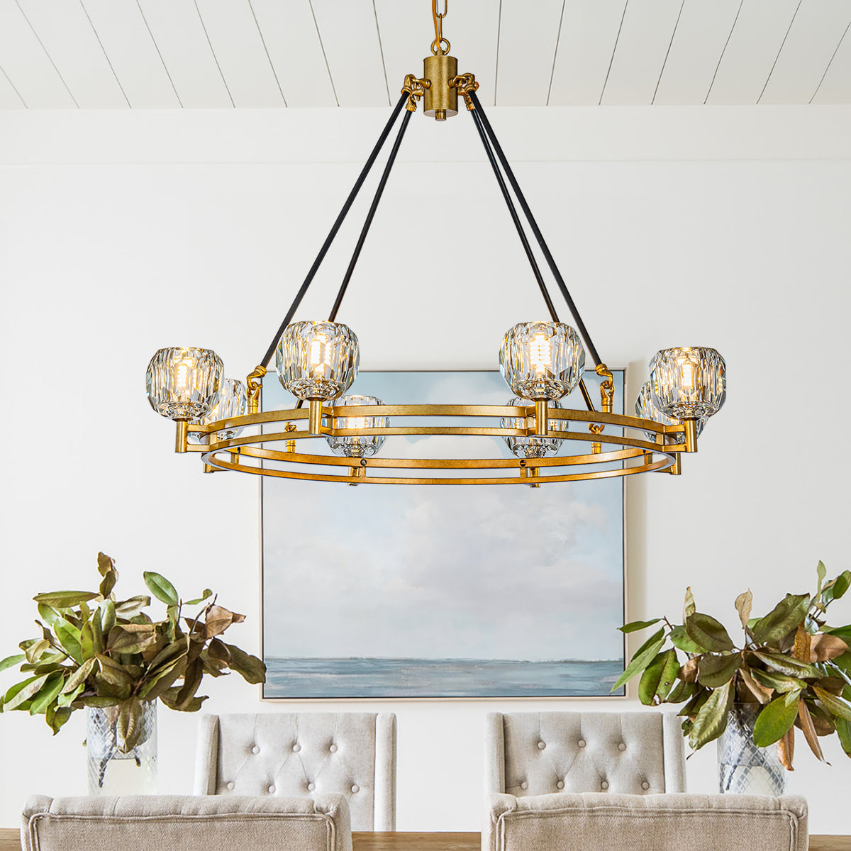 Modern/Contemporary 8-Light Antique Gold Facet-cut Crystal Chandelier Vintage Dining Room Pendant Light Fixtures