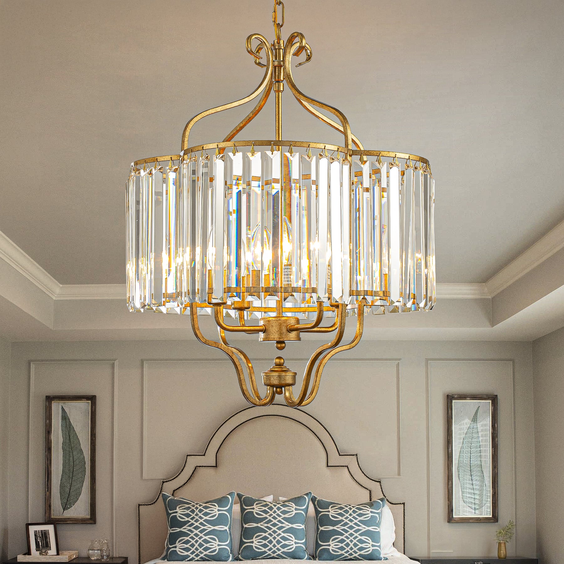 4 Lights W18in Glam Crystal Chandelier in Matte Gold Luxury Unique Drum Shape Pendant Light for Dining Room