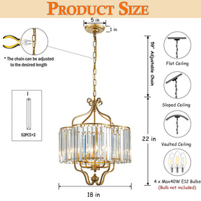 4 Lights W18in Glam Crystal Chandelier in Matte Gold Luxury Unique Drum Shape Pendant Light for Dining Room