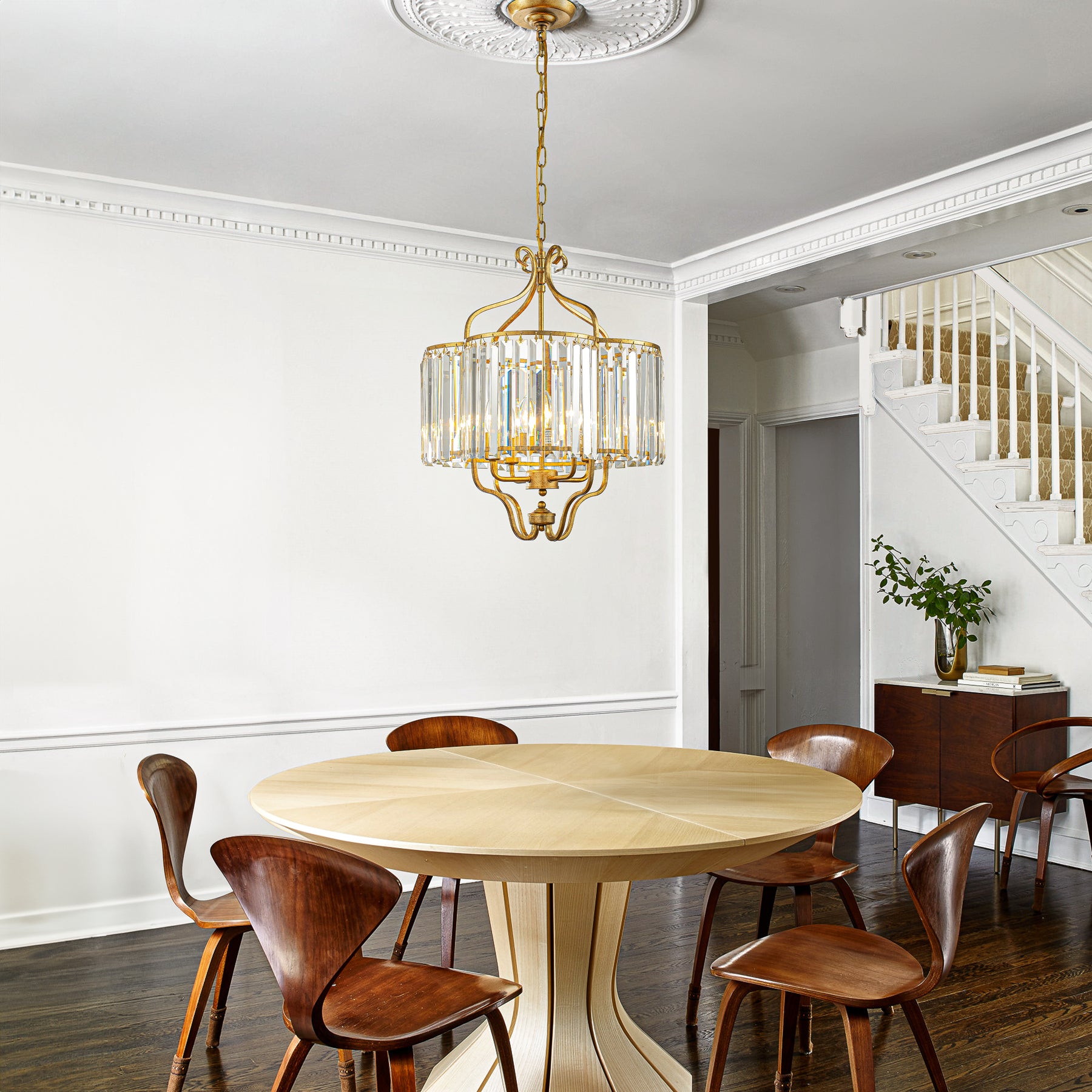 4 Lights W18in Glam Crystal Chandelier in Matte Gold Luxury Unique Drum Shape Pendant Light for Dining Room