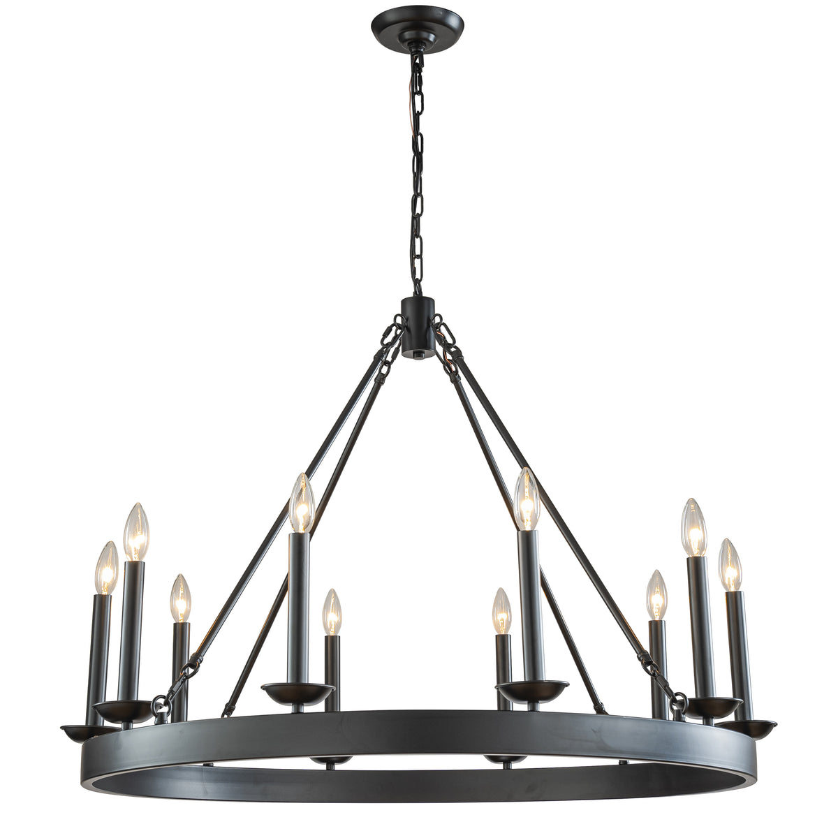 35 in. 10-Light Modern Farmhouse Black Wagon Wheel Candle Chandelier Round Rustic Industrial Pendant Lighting For Living Room and Family Room