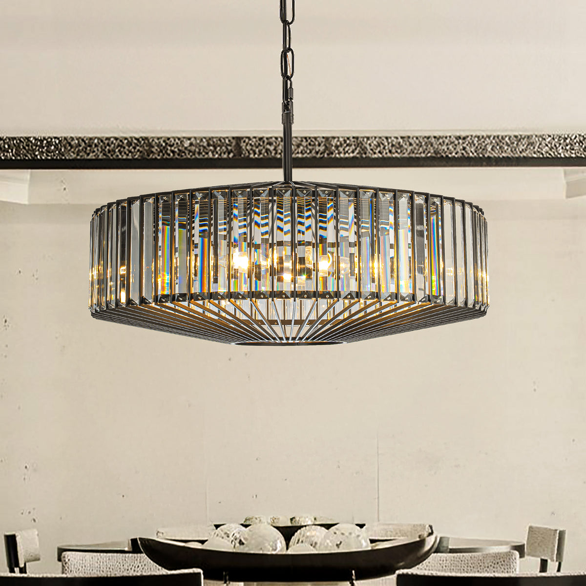 24'' Unique Modern Crystal Chandelier 6-Light Luxury Matte Black Pendant with Clear Crystal For Dining Room And Entryway