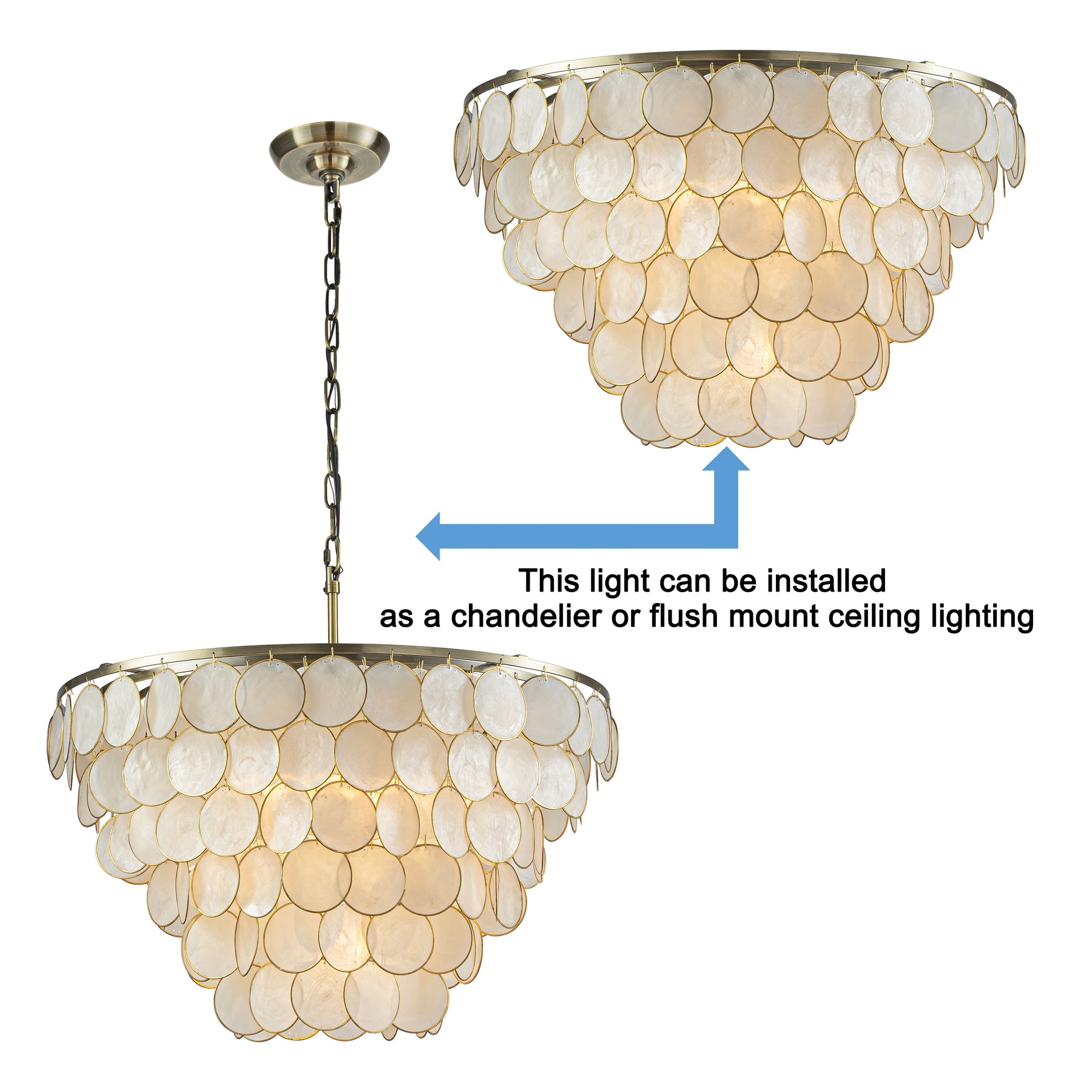 5-Light 24'' Wide Modern Coastal Aged Bronze Natural Capiz Shell Tiered Flush Mount Vintage Glam Ceiling Light For Living Room Dining Room