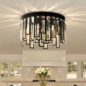 6 Lights Flush Mount Chandelier 16" Matte Black Modern Dimmable Round Ceiling Lamp With Crystal Accents