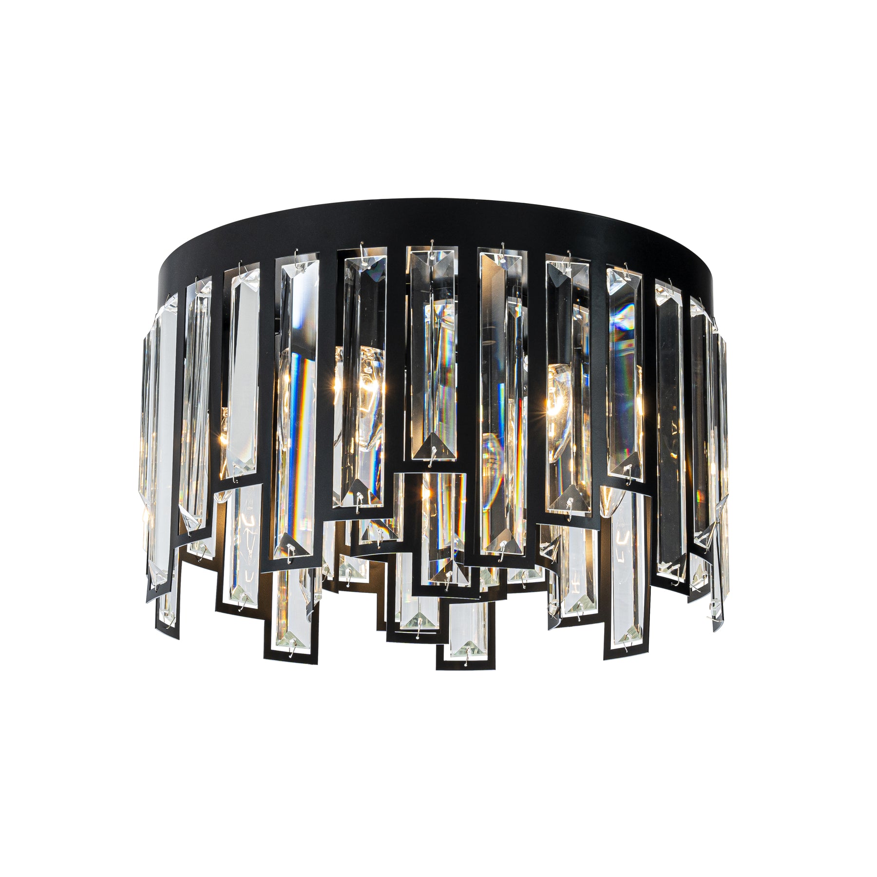 6 Lights Flush Mount Chandelier 16" Matte Black Modern Dimmable Round Ceiling Lamp With Crystal Accents