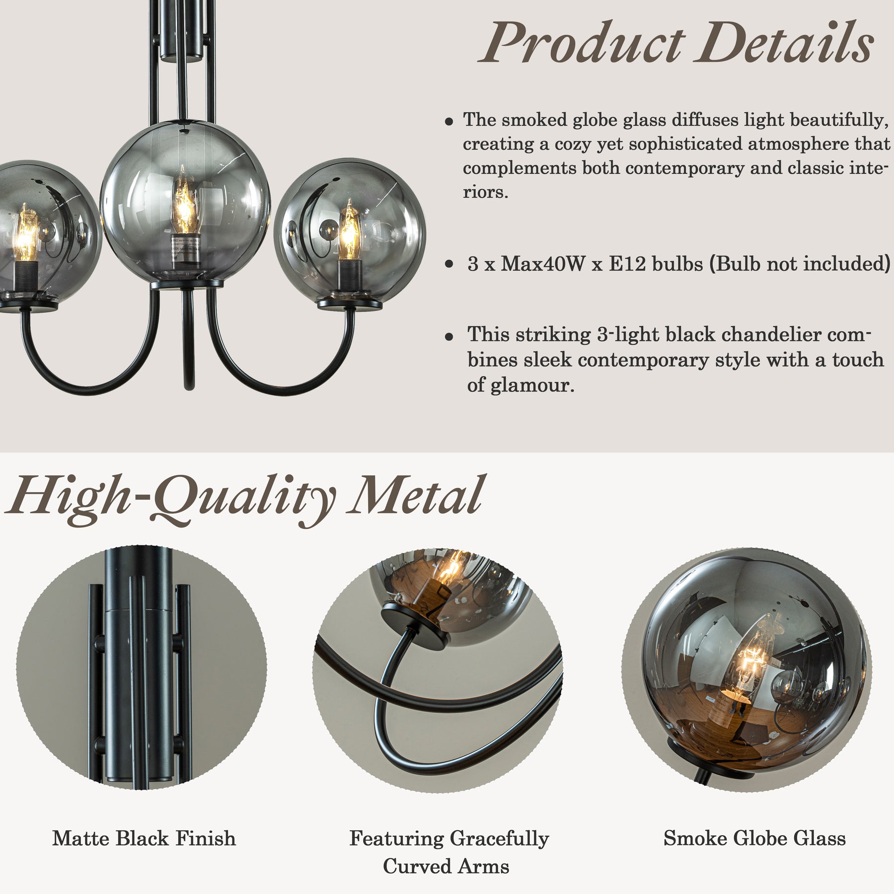 3-Light 25'' Wide Modern Glam Smoked Glass Globe Bubble Chandelier Contemporary Sputnik Black Hand Blown Glass Pendant Light For Living Room Dining Room