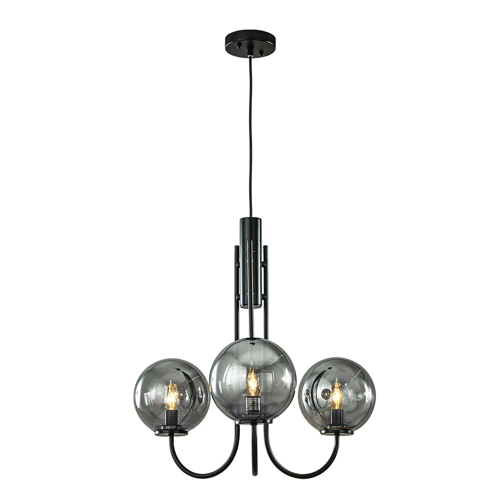 3-Light 25'' Wide Modern Glam Smoked Glass Globe Bubble Chandelier Contemporary Sputnik Black Hand Blown Glass Pendant Light For Living Room Dining Room