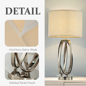 28'' Elegant Modern Polished Nickel Metal Table Lamp With Ivory Fabric Drum Shade For Entryway Living Room Dining Room