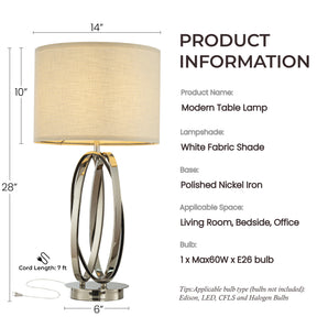 28'' Elegant Modern Polished Nickel Metal Table Lamp With Ivory Fabric Drum Shade For Entryway Living Room Dining Room