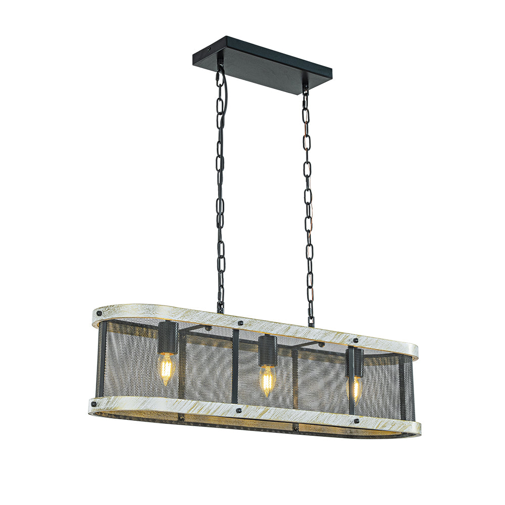 32 in. 3-Light Black Mesh Kitchen Island Chandelier with Rectangle Weathered White Wood Frame