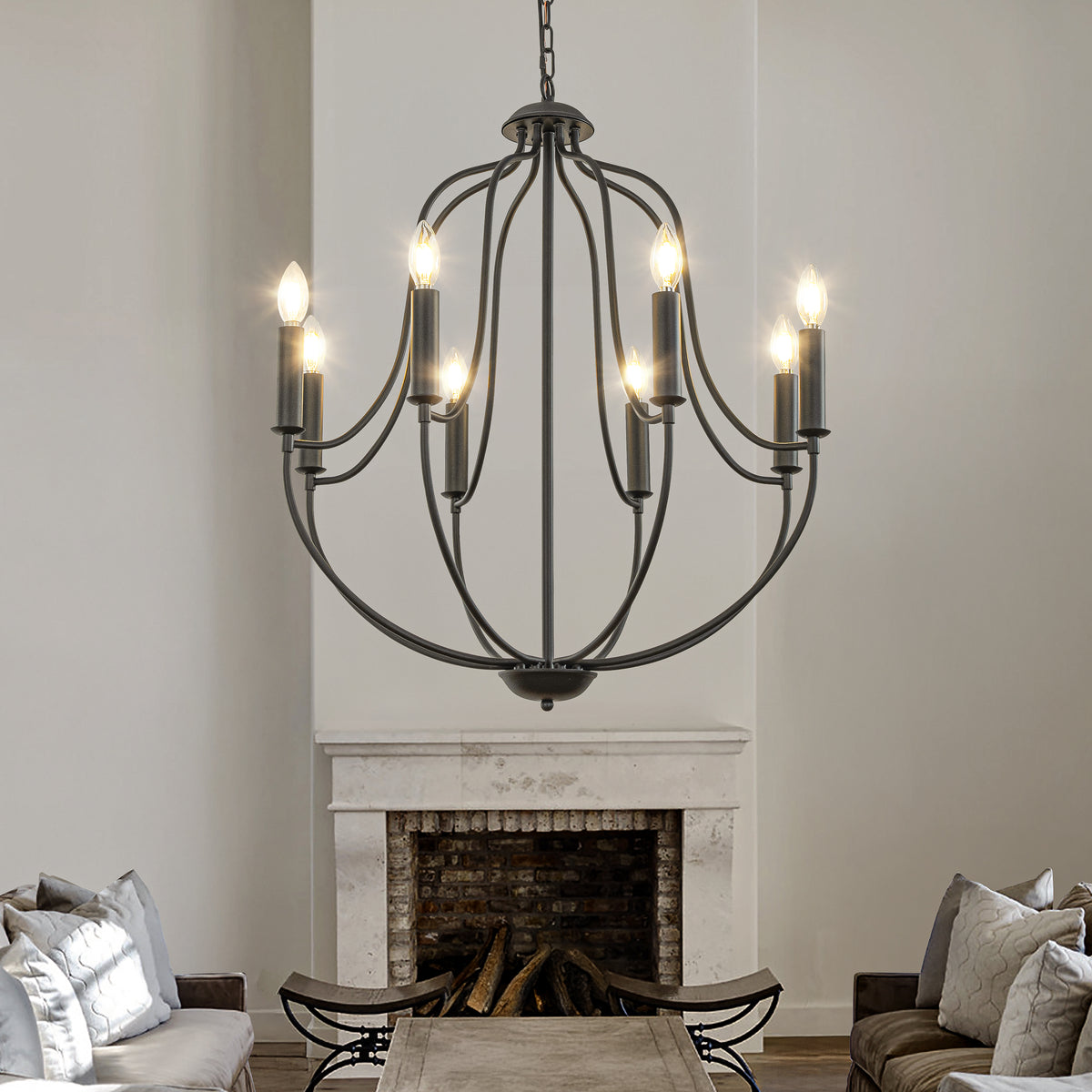 26'' 8-Light Modern Matt Black Classic Candelabra Chandelier Farmhouse Candle Pendant Light For Living Room Dining Room And Entryway