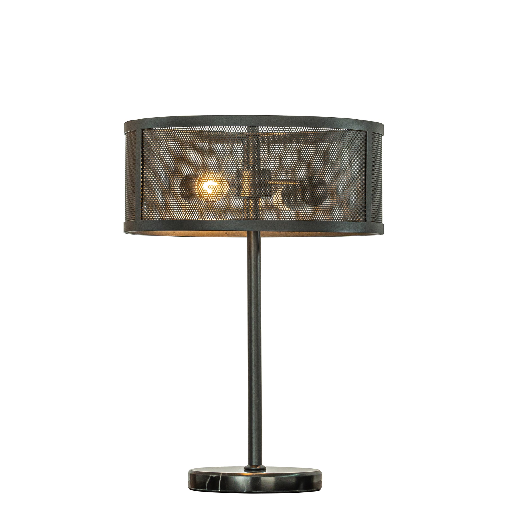 2-Light 14 inch Rustic Industrial Matte Black Table Lamp With Metal Mesh Open Cage Lampshade And Marble Base