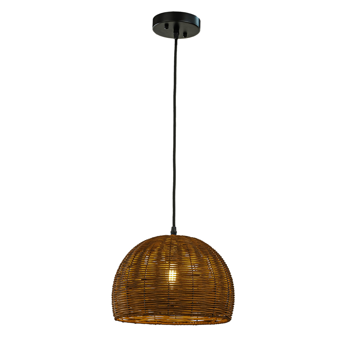 1-Light 12" Farmhouse Brown and Black Natural Rattan Dome Pendant Light with Handmade Bamboo Shade for Kitchen Island