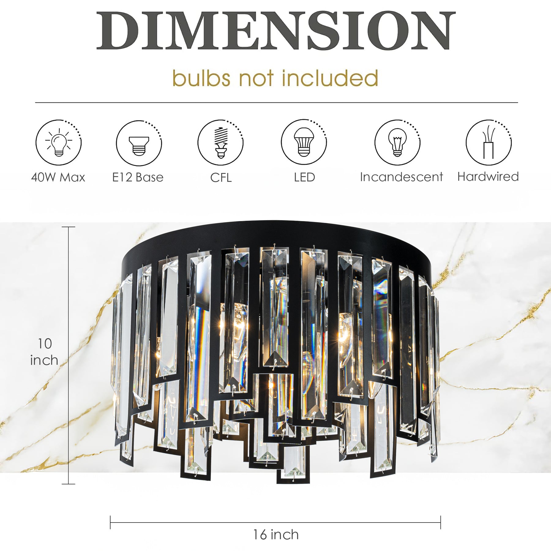 6 Lights Flush Mount Chandelier 16" Matte Black Modern Dimmable Round Ceiling Lamp With Crystal Accents