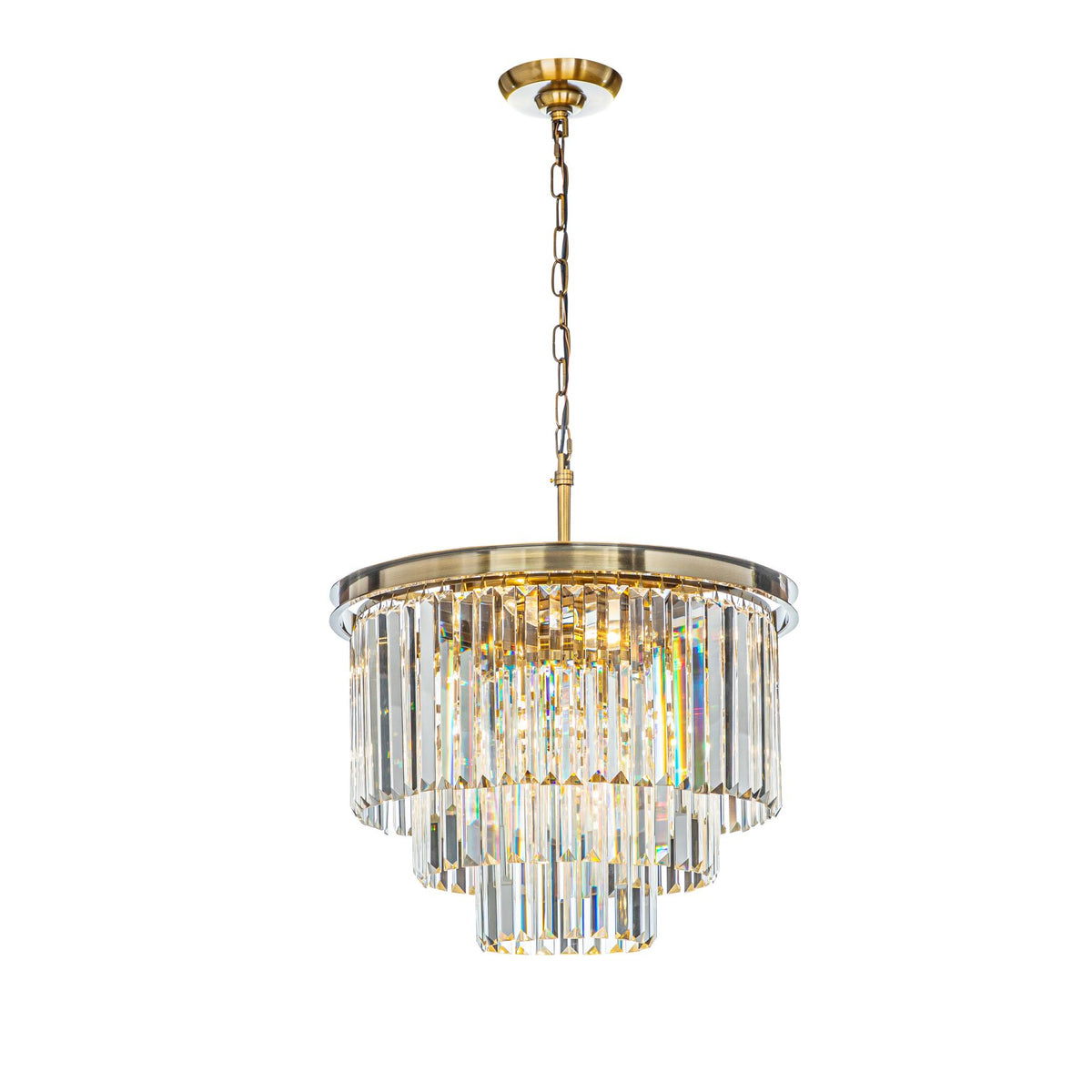 6-Lights Mid-Century Modern Antique Gold 3-Tier Round Fringe Crystal C ...