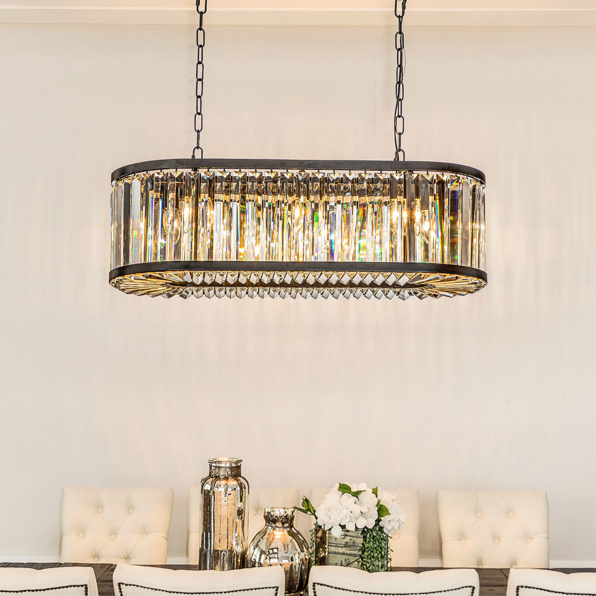 Modern Rectangular Crystal Chandelier in Matte Black